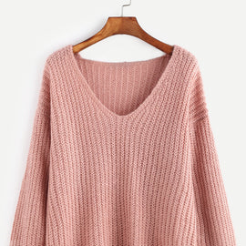 Pink Ribbed Knit V Neck Drop Shoulder Sweater