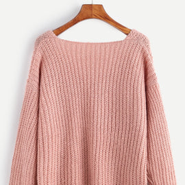 Pink Ribbed Knit V Neck Drop Shoulder Sweater