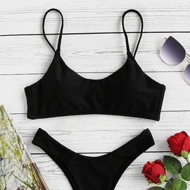 Spaghetti Strap Top With High Leg Bikini Set