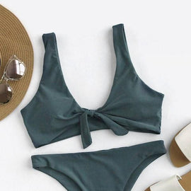 Scoop Back Bow Tie Top With High Leg Bikini Set