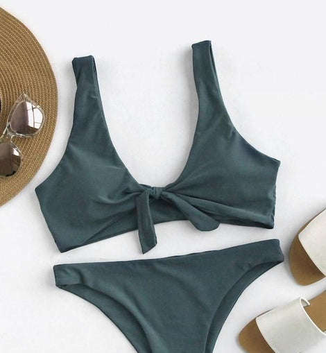 Scoop Back Bow Tie Top With High Leg Bikini Set