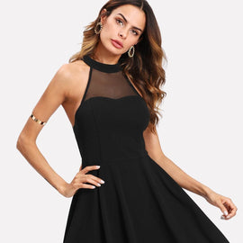 Mesh Yoke Open Back Skater Dress