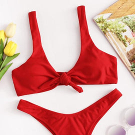 Knot Top With High Leg Bikini Set