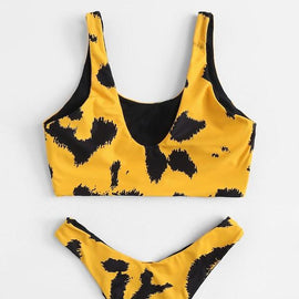 Brush Print Scoop Top With High Leg Bikini Set