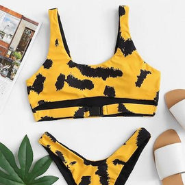 Brush Print Scoop Top With High Leg Bikini Set