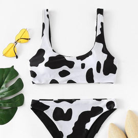 Cow Pattern Top With High Leg Bikini Set