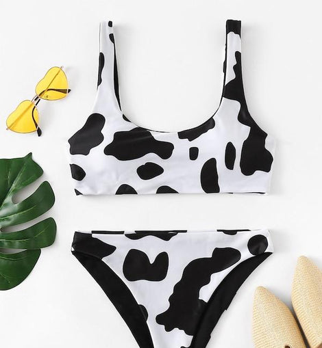 Cow Pattern Top With High Leg Bikini Set