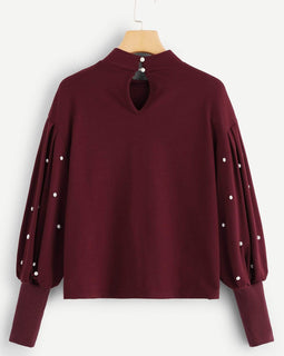 Pearl Embellished Lantern Sleeve Keyhole Back Sweatshirt