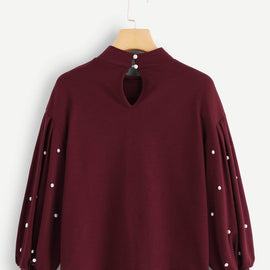 Pearl Embellished Lantern Sleeve Keyhole Back Sweatshirt