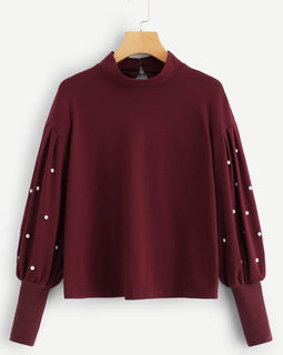 Pearl Embellished Lantern Sleeve Keyhole Back Sweatshirt