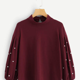 Pearl Embellished Lantern Sleeve Keyhole Back Sweatshirt