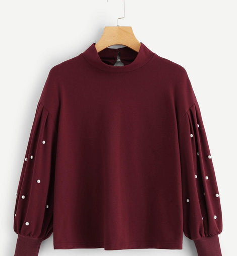 Pearl Embellished Lantern Sleeve Keyhole Back Sweatshirt