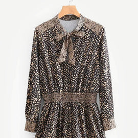 Tie Neck Leopard Print Ruffle Hem Dress