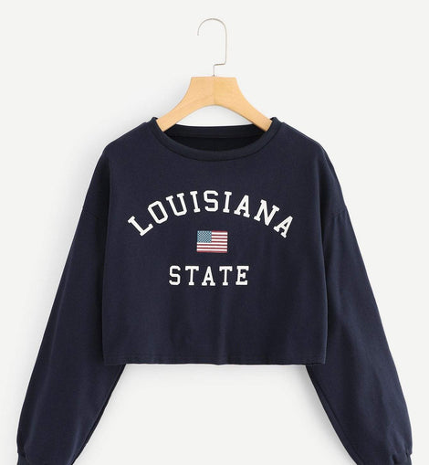 Letter And Flag Print Crop Sweatshirt