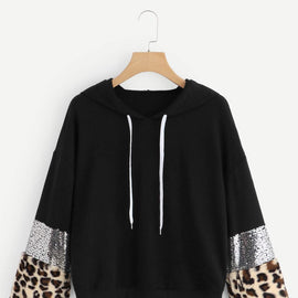 Drop Shoulder Leopard Print Drawstring Hoodie