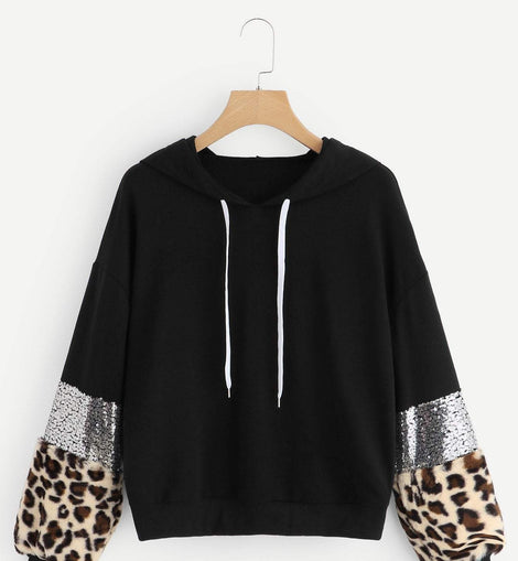 Drop Shoulder Leopard Print Drawstring Hoodie