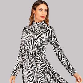 Zebra Print High Neck Asymmetrical Hem Dress