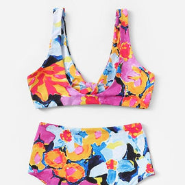 Random Floral Top With High Waist Bikini Set