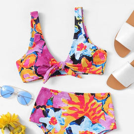 Random Floral Top With High Waist Bikini Set