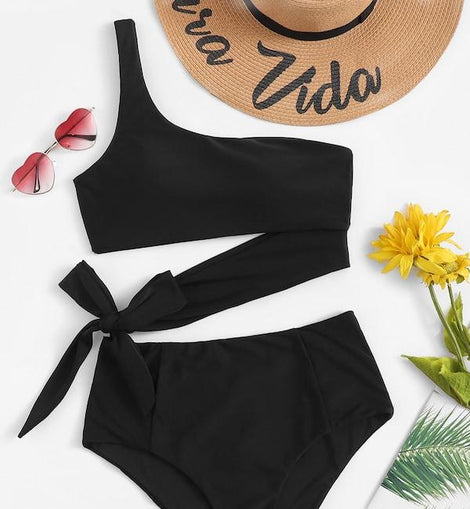 One Shoulder Bow Tie Bikini Set