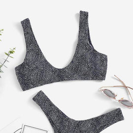 Random Dot Print Top With High Leg Bikini Set