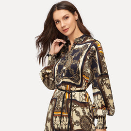 Scarf Print Self Tie Shirt Dress