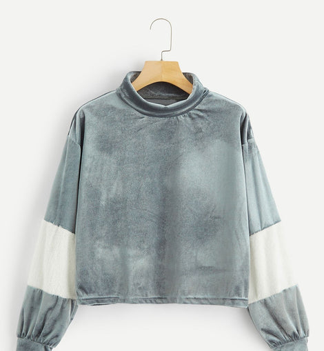 Drop Shoulder Mock-neck Velvet Pullover