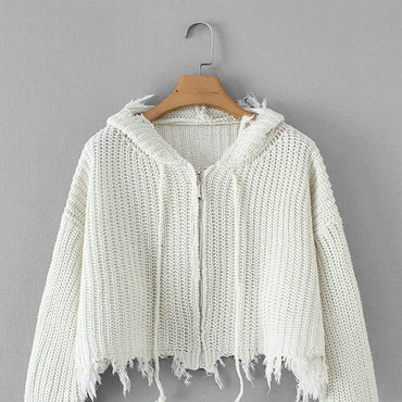 Frayed Hem Drawstring Hooded Sweater