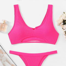 Neon Pink Cut-Out Top With Tanga Bikini