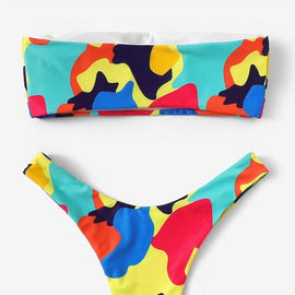 Random Graphic Print Bandeau With High Leg Bikini