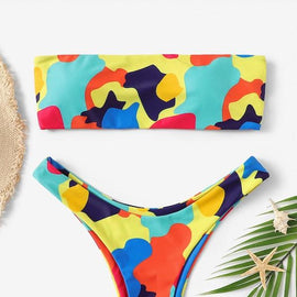 Random Graphic Print Bandeau With High Leg Bikini