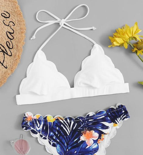 Tropical Print Scalloped Bikini Set