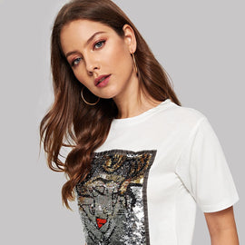 Figure Pattern Contrast Sequin Tee