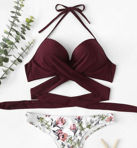 Push-Up Top With Flower Print Bikini Set