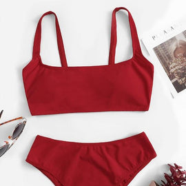 Scoop Neck Top With High Waist Bikini Set