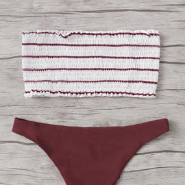 Random Striped Shirred Bandeau With Hipster Bikini