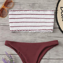 Random Striped Shirred Bandeau With Hipster Bikini