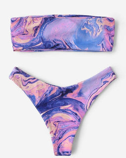 Watercolor Print Bandeau High Leg Bikini Set