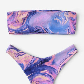 Watercolor Print Bandeau High Leg Bikini Set