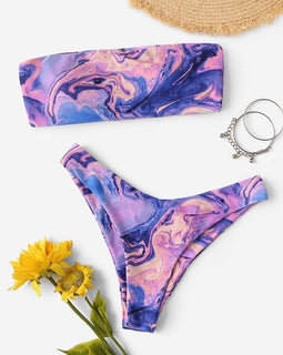 Watercolor Print Bandeau High Leg Bikini Set