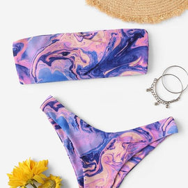 Watercolor Print Bandeau High Leg Bikini Set