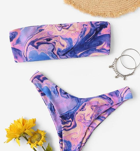 Watercolor Print Bandeau High Leg Bikini Set