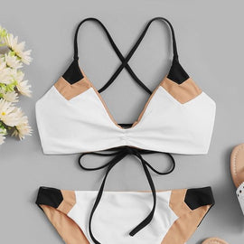 Lace-Up Back Top With Color-Block Bikini