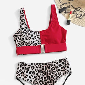 Leopard Buckle Front Top With High Waist Bikini
