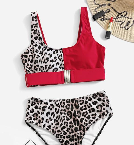 Leopard Buckle Front Top With High Waist Bikini