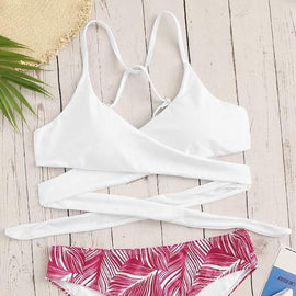 Criss Cross Wrap Top With Leaf Print Bikini Set
