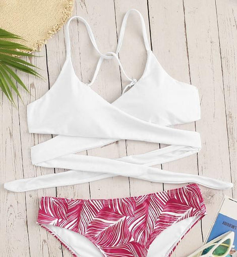 Criss Cross Wrap Top With Leaf Print Bikini Set